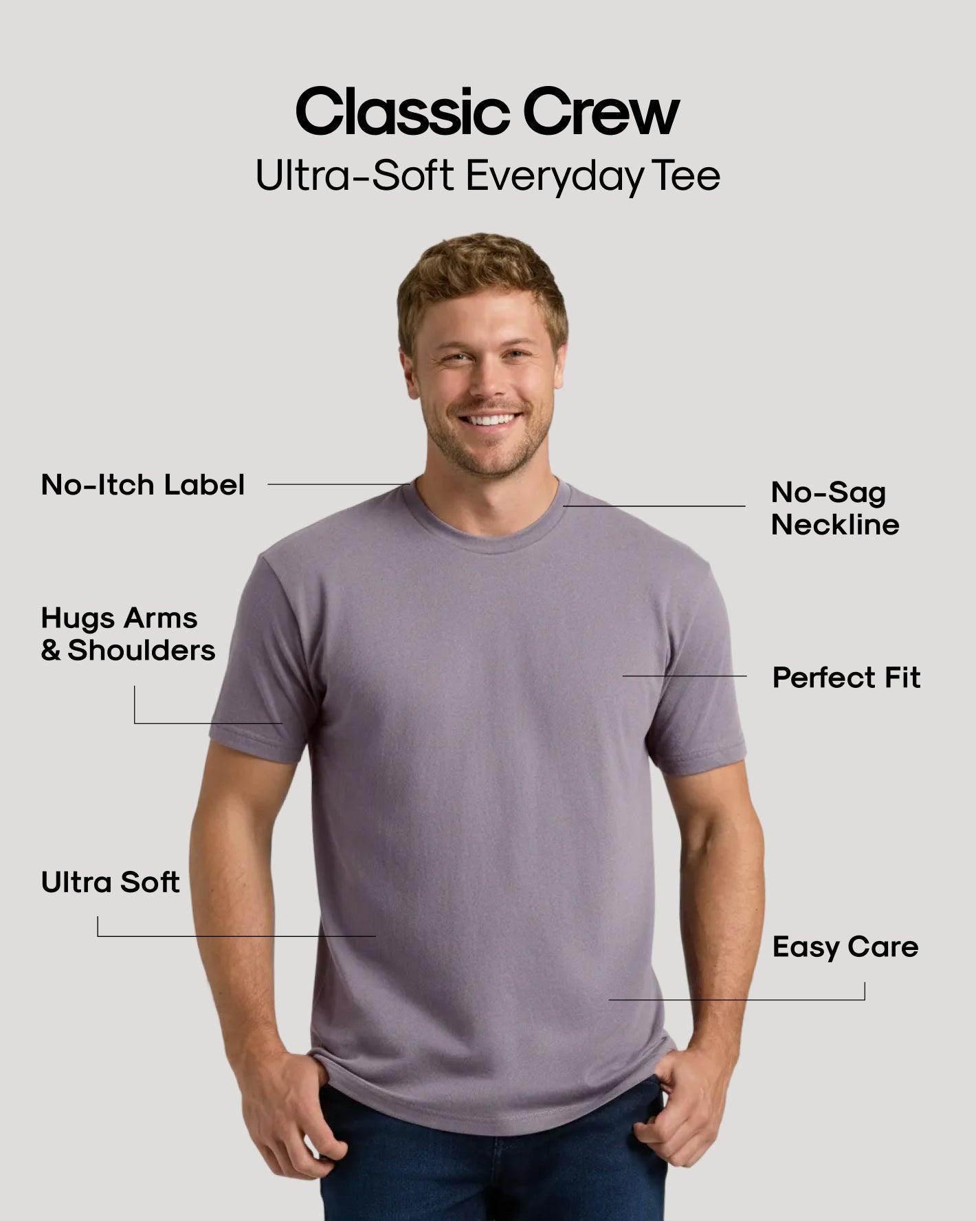 Classic Crew Ultra-Soft Tee: tailored fit, no-sag neckline, easy care.