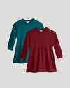 Girls Dark Maroon & Deep Emerald Long Sleeve Fleece Dress duo.