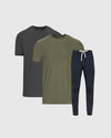 Dark Tones Active Combo 3-Pack laid out: olive, charcoal tees, navy joggers.