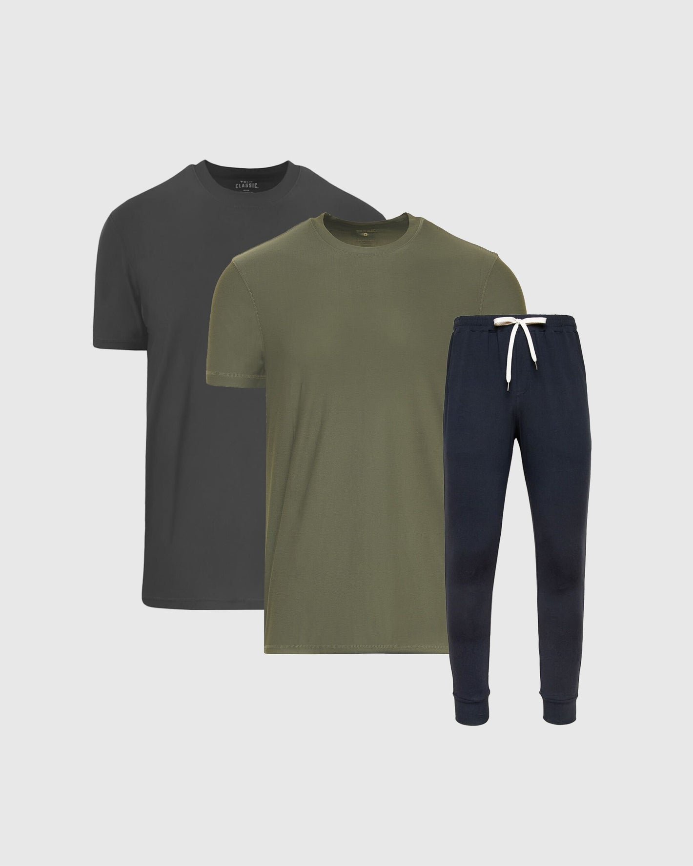 Dark Tones Active Combo 3-Pack laid out: olive, charcoal tees, navy joggers.