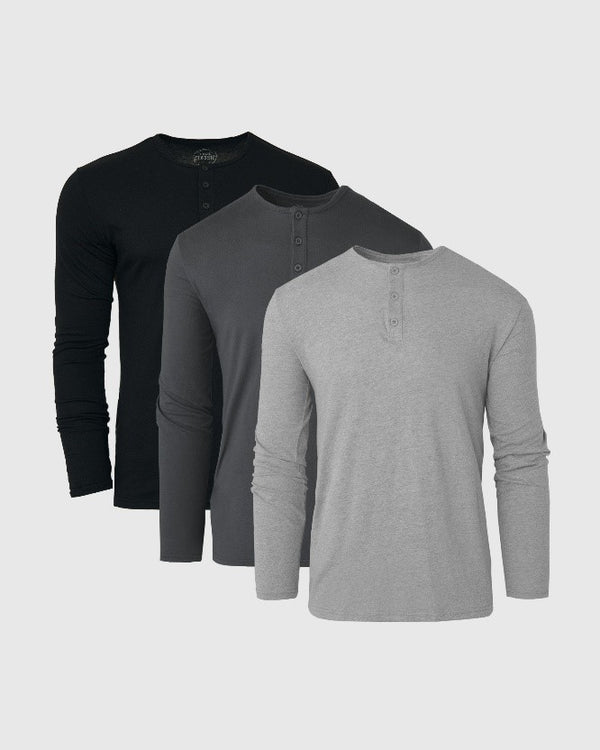Classic Long Sleeve Henley 3-Pack in gray shades, crew necklines.