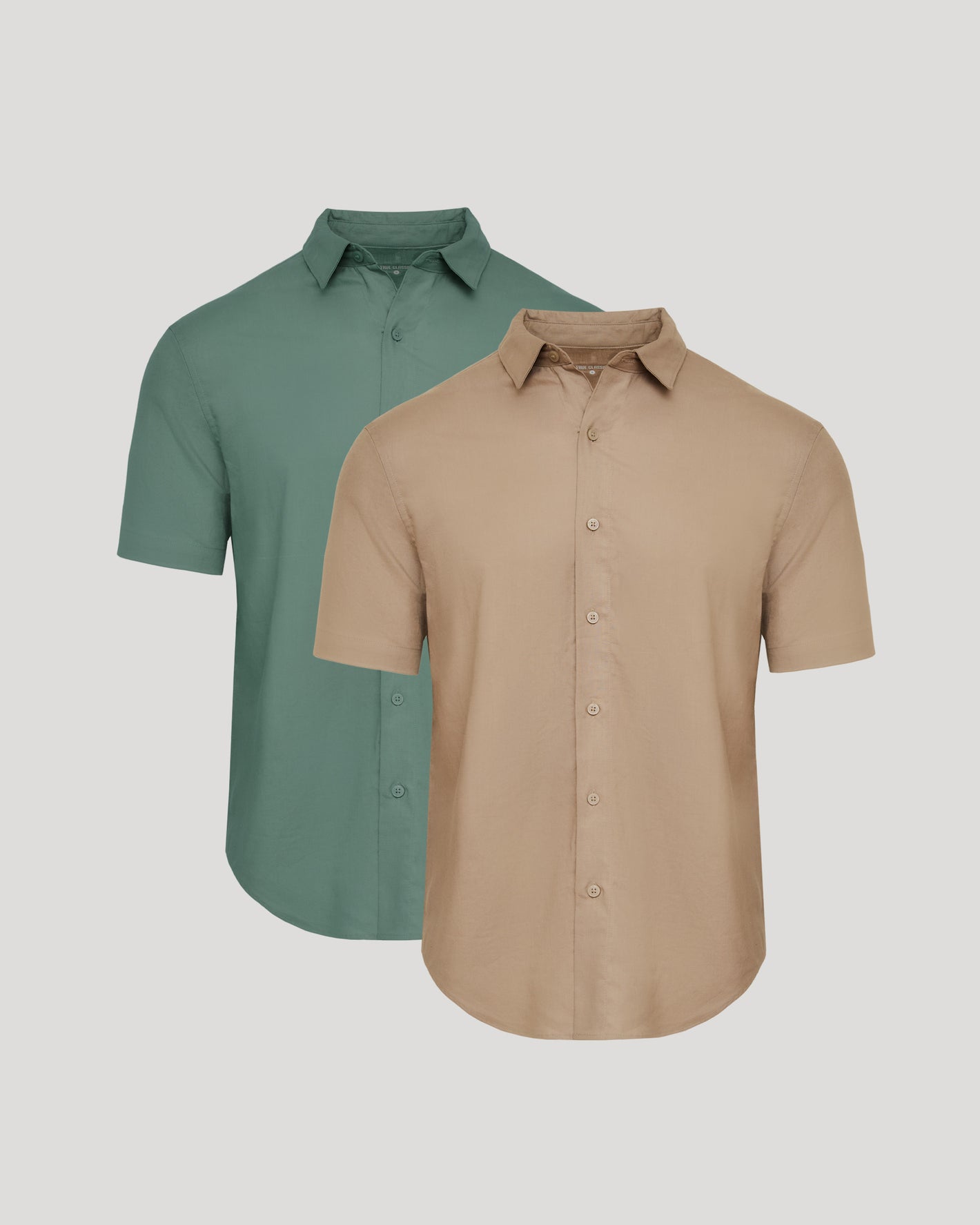 Dusty Taupe and Moss Short Sleeve Linen Shirt 2-Pack displayed neatly.