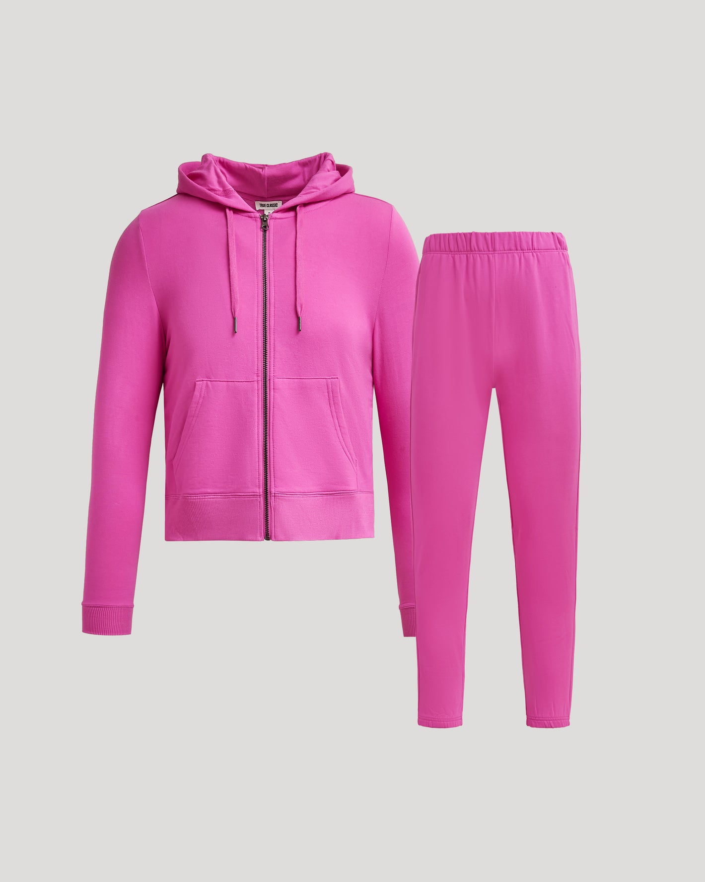 Womens Electric Fuchsia Crop Zip Hoodie & Relaxed Jogger 2-Pack displayed.