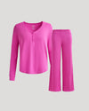 Women's Electric Fuchsia Waffle Long Sleeve Henley & Waffle Leg Pant Set.