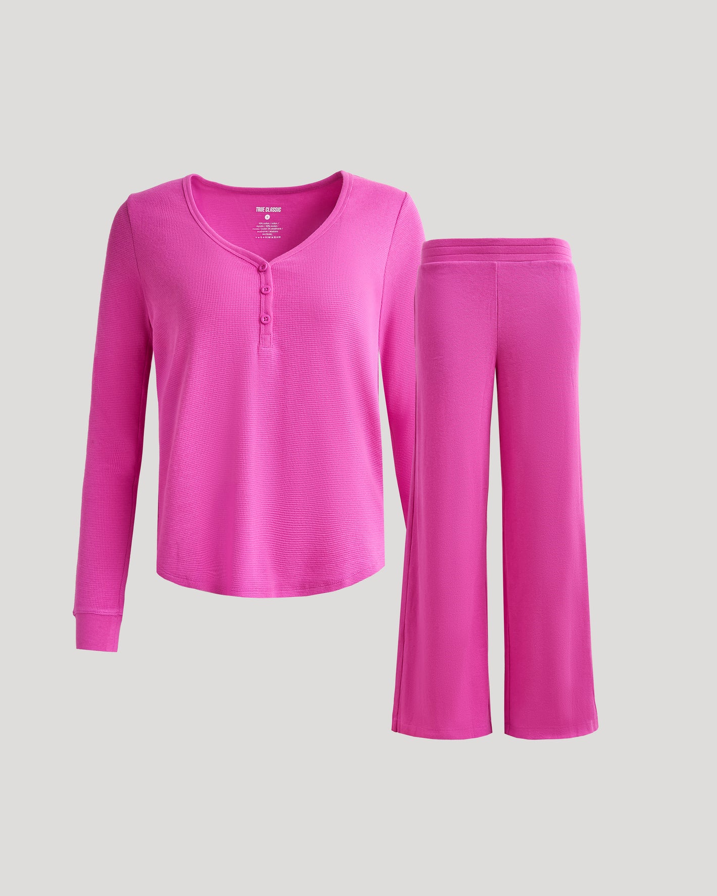 Women's Electric Fuchsia Waffle Long Sleeve Henley & Waffle Leg Pant Set.