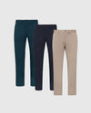 Everyday Chino 3-Pack with teal, navy, and khaki trousers.