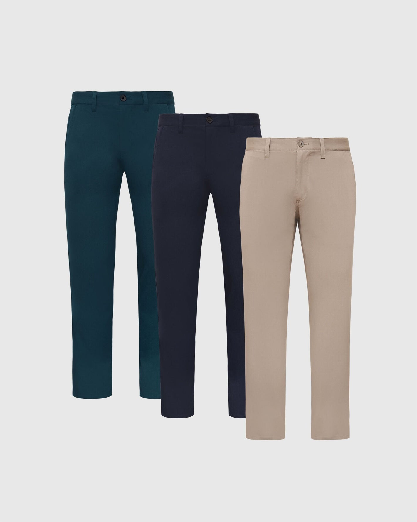 Everyday Chino 3-Pack with teal, navy, and khaki trousers.