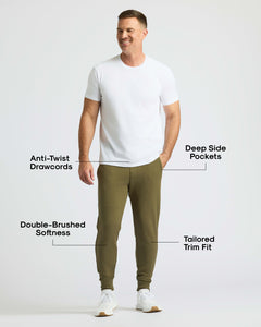 True ClassicMan wearing Military Green Fleece French Terry Joggers with sneakers.