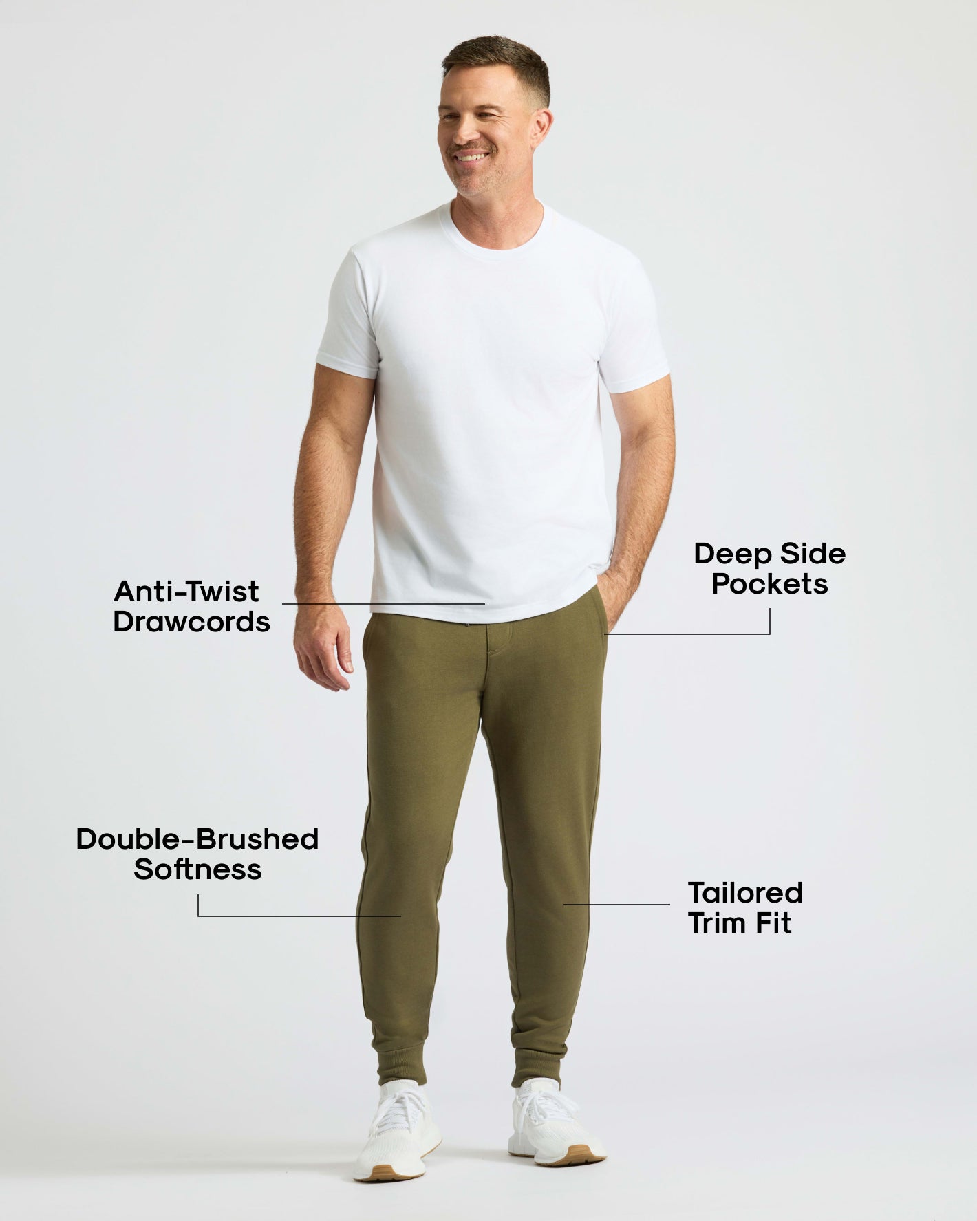 Man wearing Military Green Fleece French Terry Joggers with sneakers.