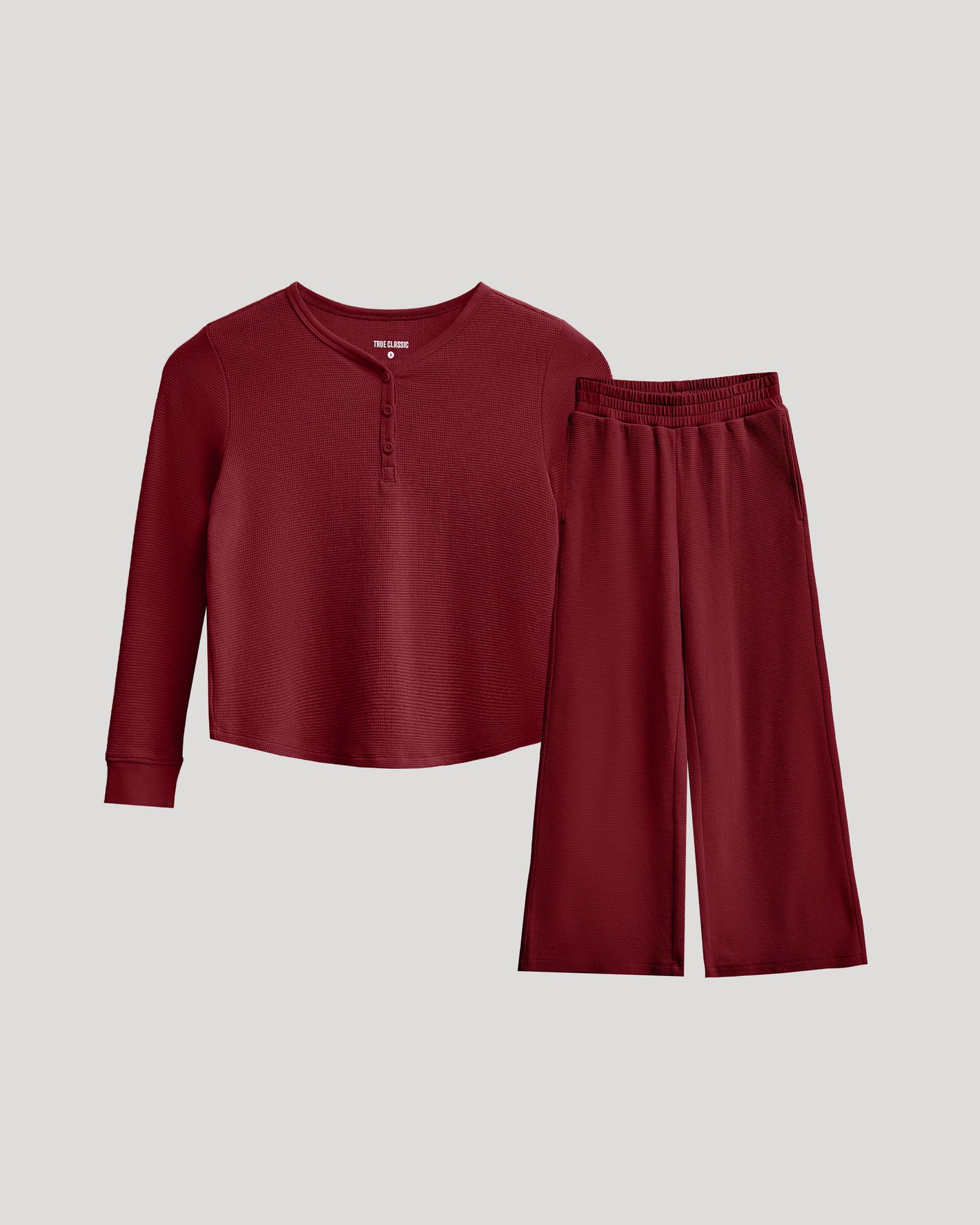 Girls Dark Maroon Waffle Henley & Pants Set, waffle-knit comfort.