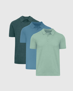 True ClassicGlacial Short Sleeve Polo 3-Pack displayed in mint, teal, and forest green.