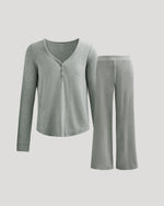 Womens Heather Gray Waffle Long Sleeve Henley & Waffle Leg Pant 2-Pack