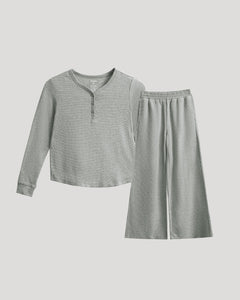 True ClassicGirls Heather Gray Waffle Long Sleeve Henley & Waffle Leg Pants set, flat-laid.