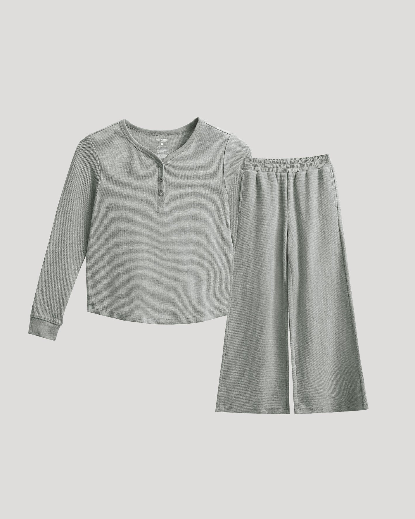 Girls Heather Gray Waffle Long Sleeve Henley & Waffle Leg Pants set, flat-laid.