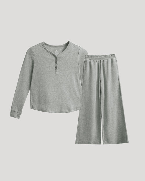 Girls Heather Gray Waffle Long Sleeve Henley & Waffle Leg Pants set, flat-laid.