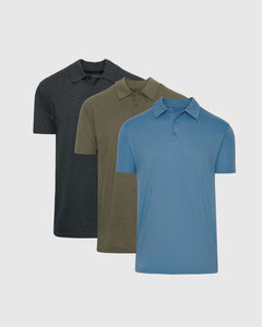 True ClassicHeather Polo 3-Pack featuring light-blue, olive-green, and charcoal-gray shirts.
