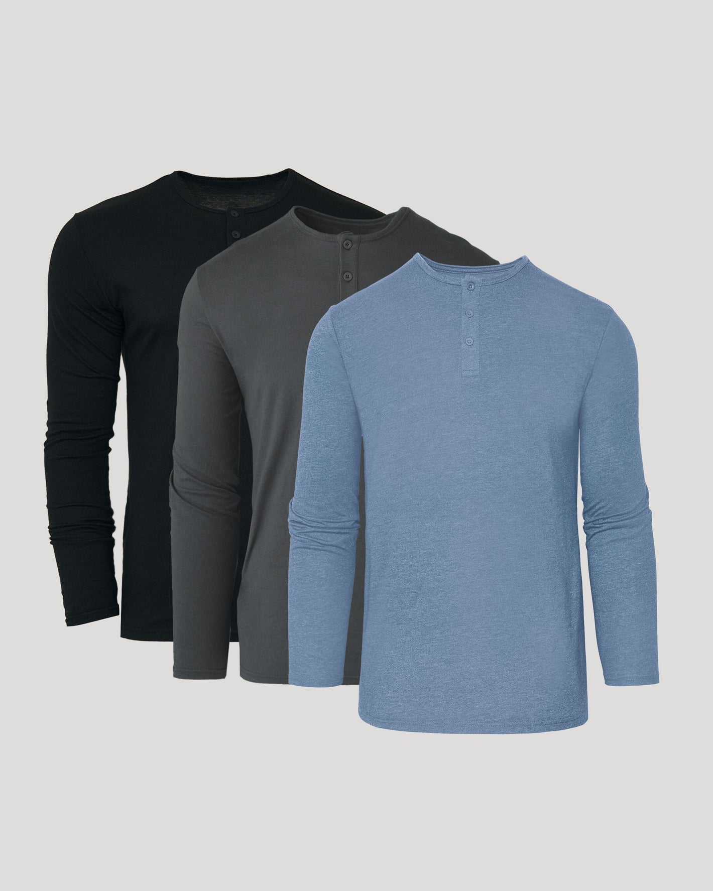 Classic Henley 3-Pack in black, charcoal, and heather blue.