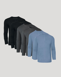 True ClassicClassic Henley 6-Pack: six long-sleeve shirts with button plackets.
