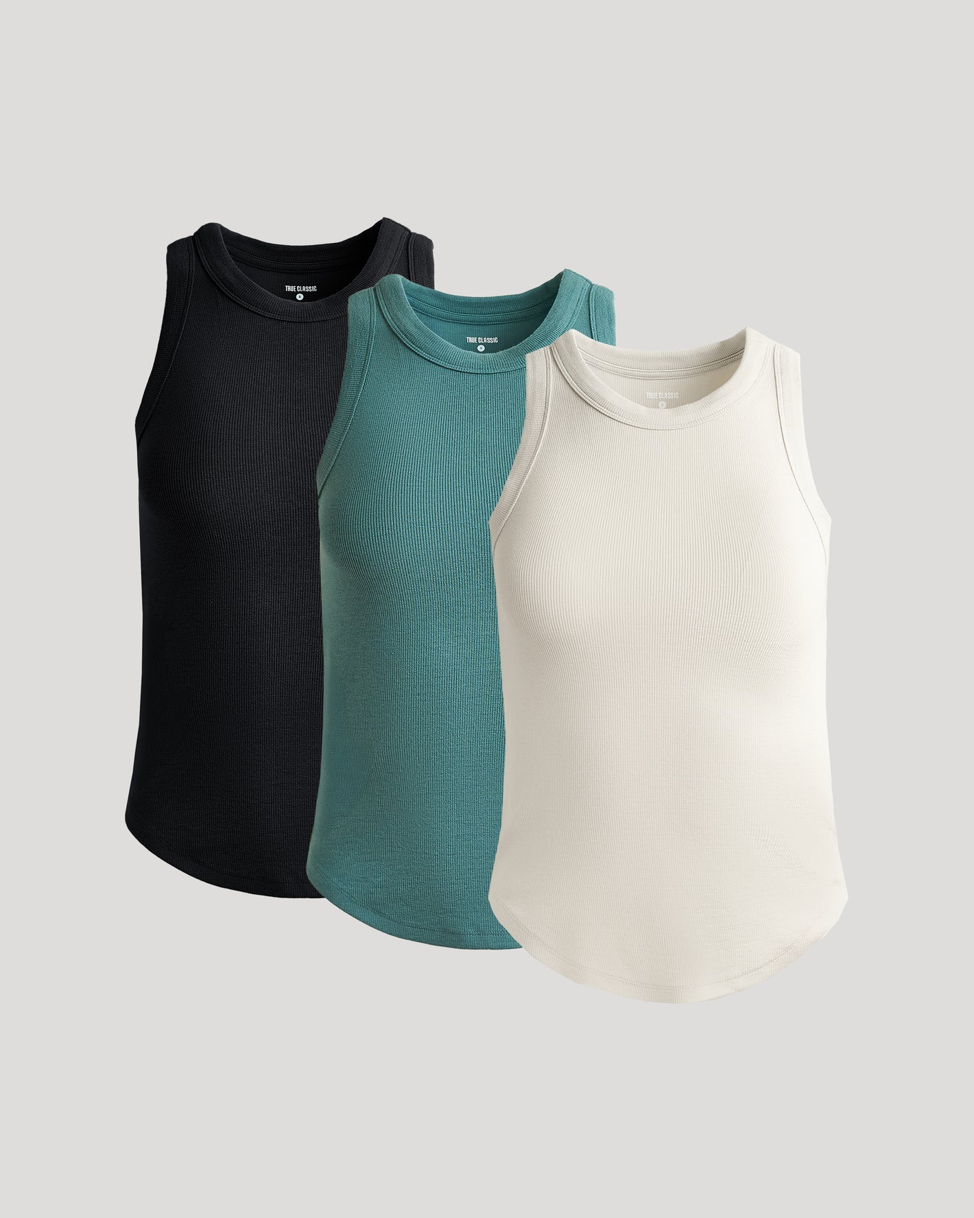 Womens Ribbed High Neck Tank 3-Pack: black, teal, off-white tops.