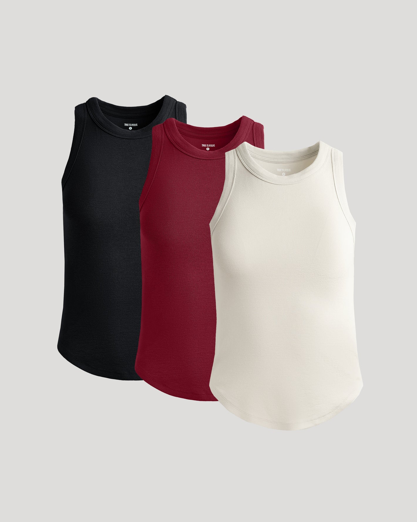 Womens Ribbed High Neck Tank 3-Pack laid out side by side.