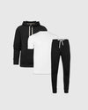 Hoodie & Active Jogger 3-Pack: black hoodie, white tee, black joggers.