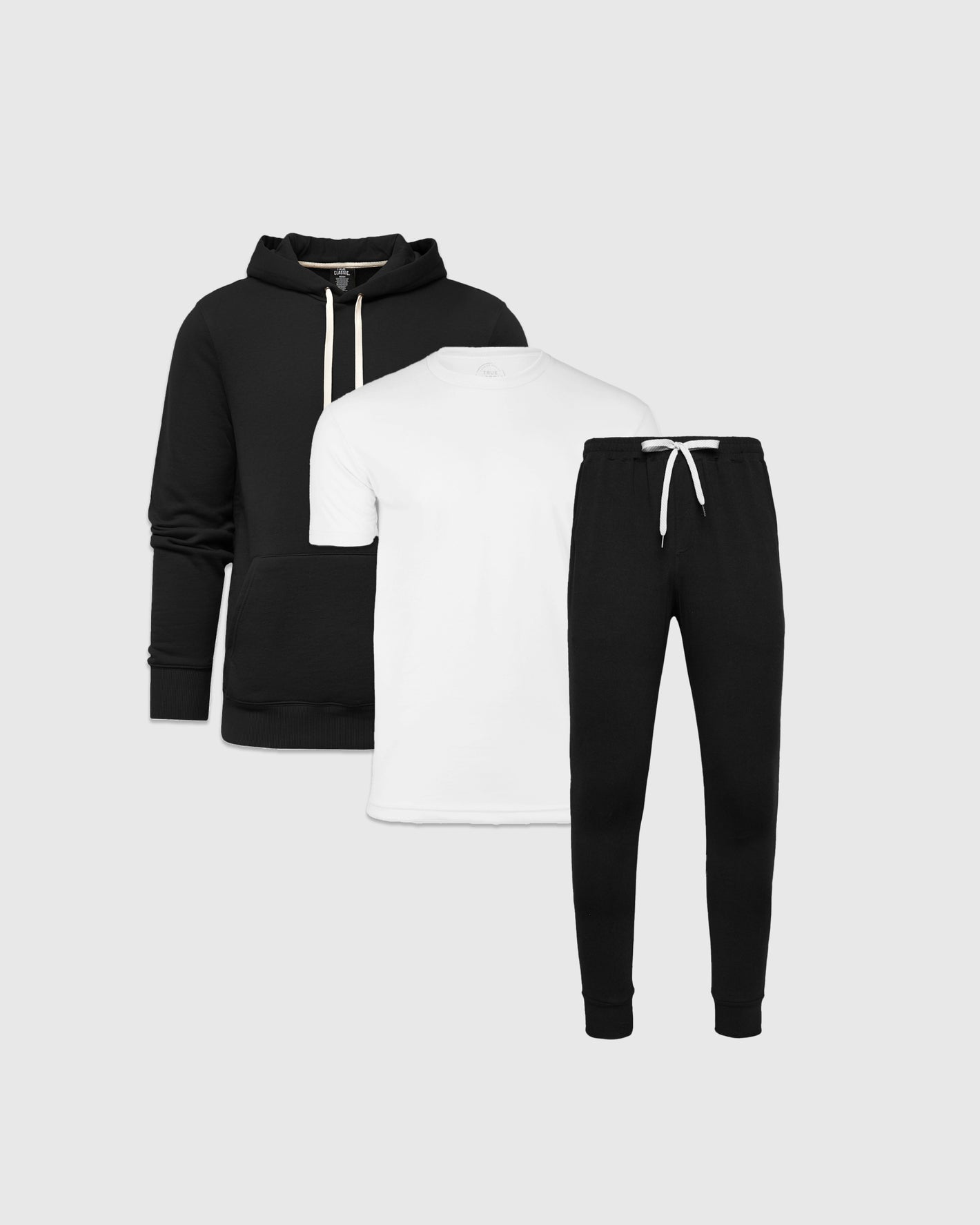 Hoodie & Active Jogger 3-Pack: black hoodie, white tee, black joggers.