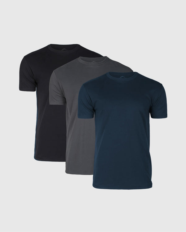 Standard 3-Pack of crew-neck T-shirts in navy, gray, and black.