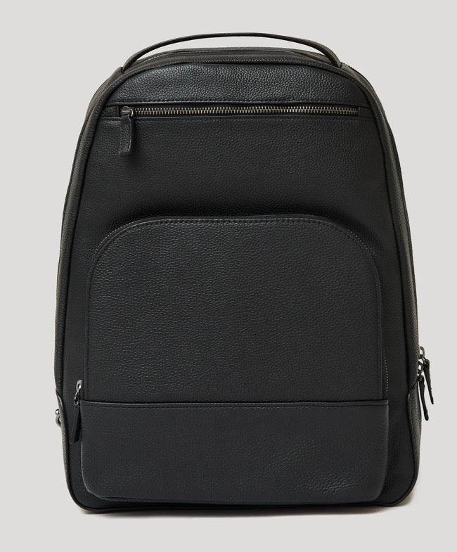 Premium Leather Backpack with pebbled texture, zippered compartments, and top handle.