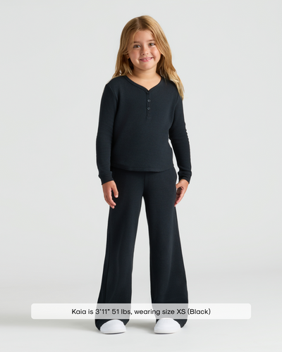 Girls Long Sleeve Boxy Waffle Henley - Black