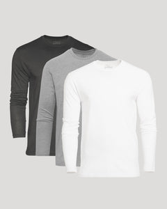 True ClassicClassic Long Sleeve 3-Pack T-shirts, layered white, gray, charcoal.