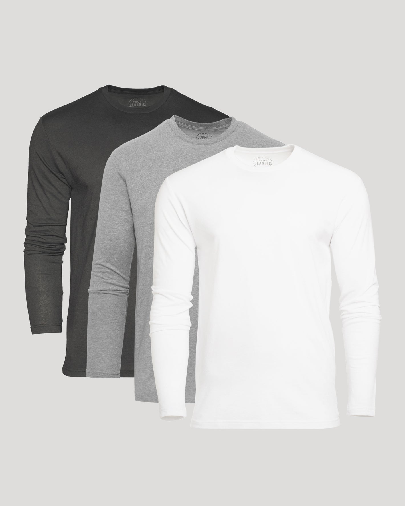 Classic Long Sleeve 3-Pack T-shirts, layered white, gray, charcoal.