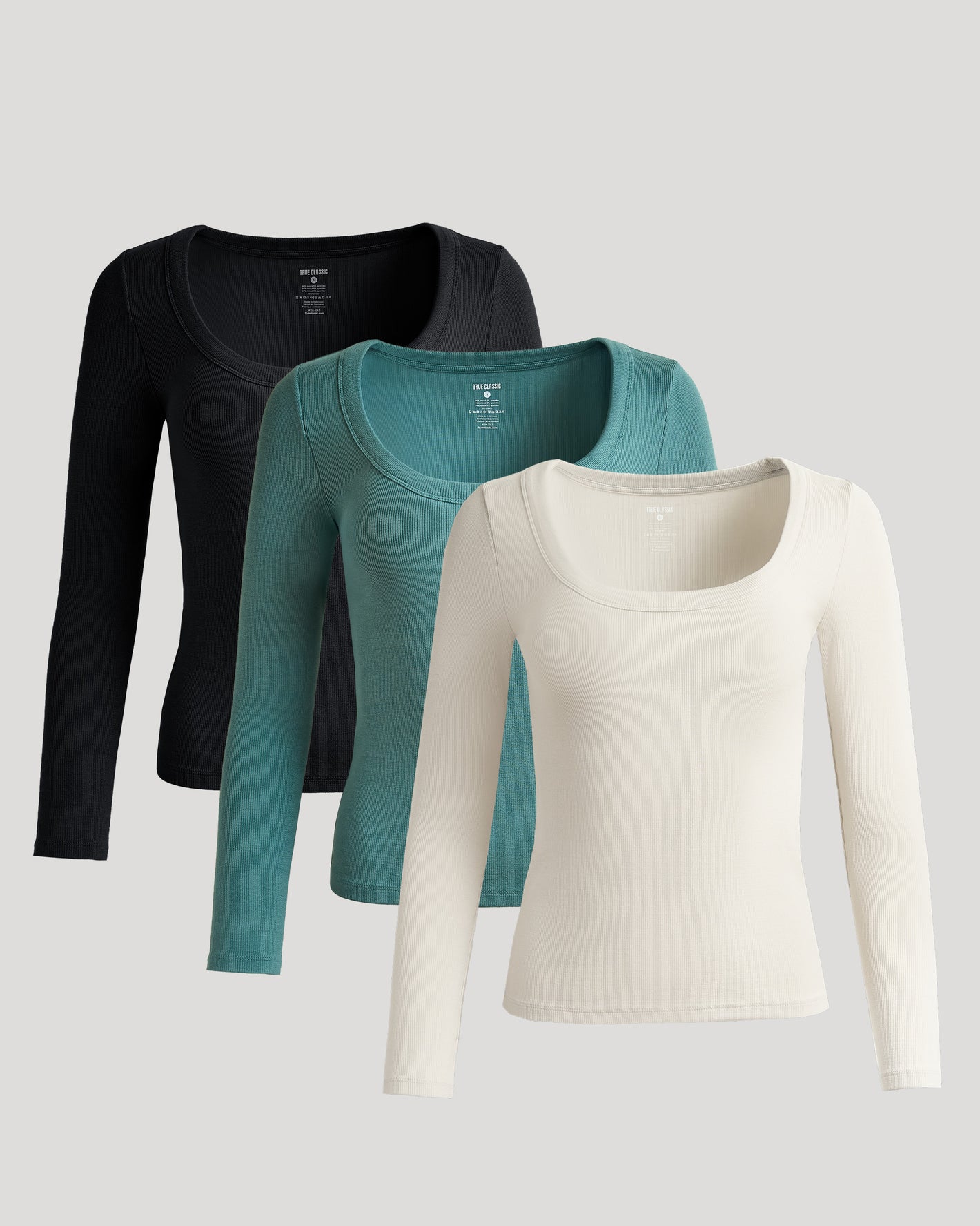 Womens Ribbed Long Sleeve Scoop Neck Tee 3-Pack, fitted with textured pattern.