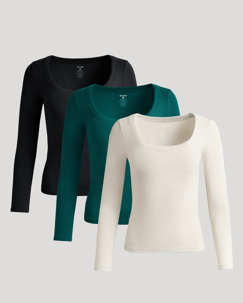 Womens Ribbed Long Sleeve Scoop Neck Tee 3-Pack, form-fitting and versatile.