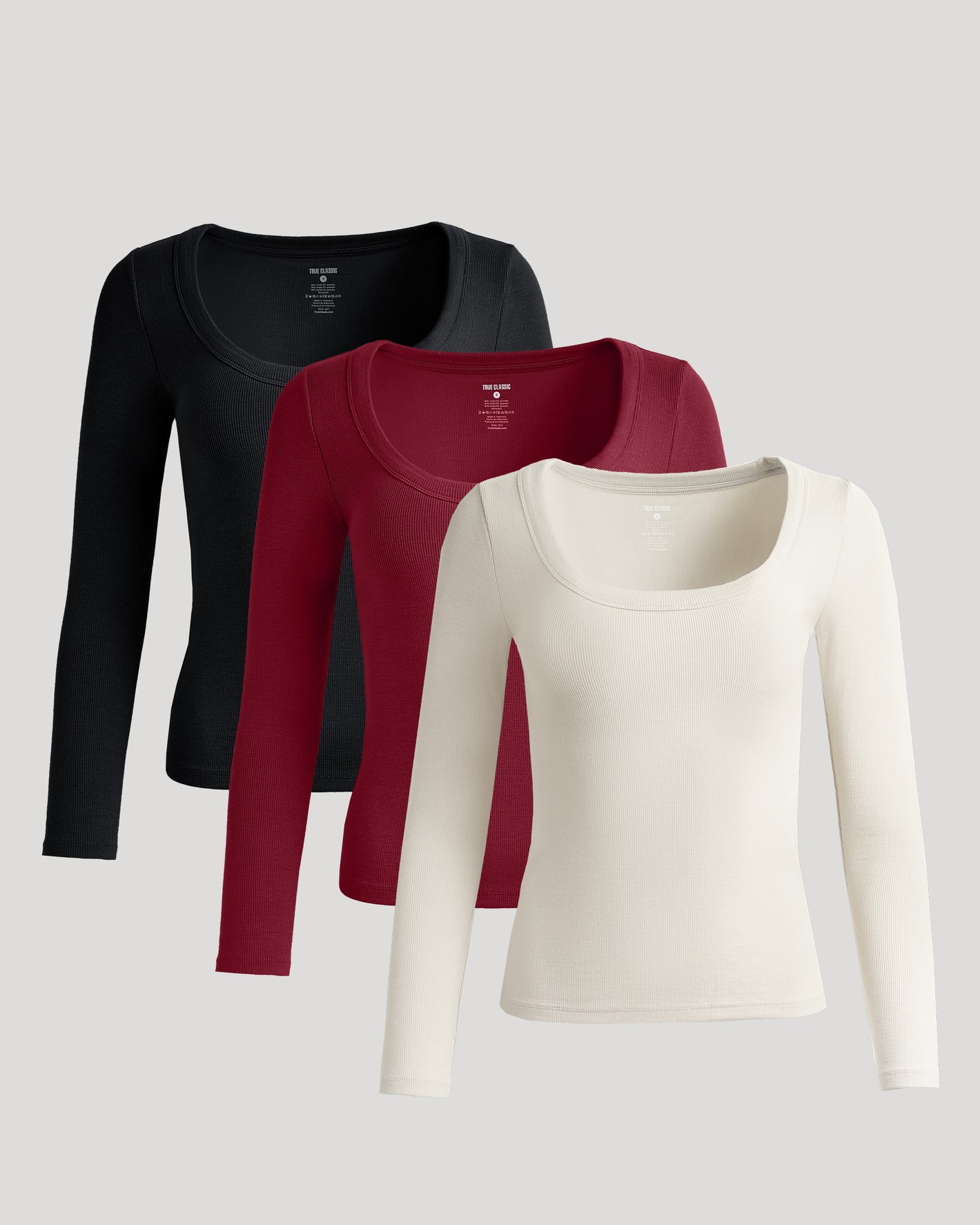 Women's Ribbed Long Sleeve Scoop Neck Tee 3-Pack, overlapping display.
