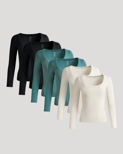 Womens Ribbed Long Sleeve Scoop Neck Tee 6-Pack