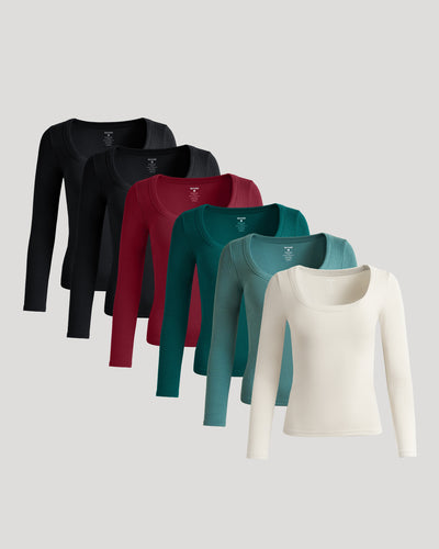 Womens Ribbed Long Sleeve Scoop Neck Tee 6-Pack