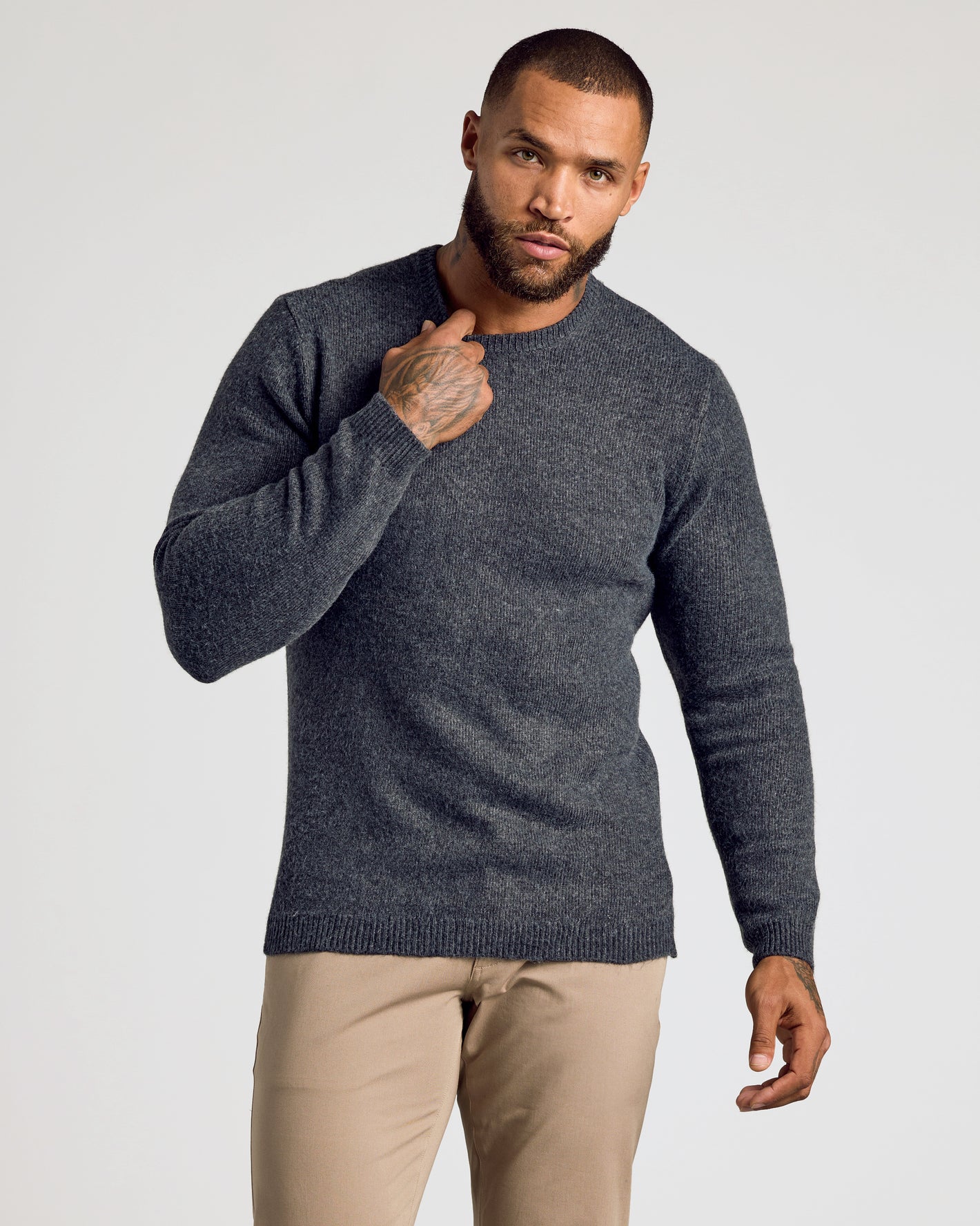 Charcoal Heather Gray Marled Crew Neck Sweater worn by a bearded man.
