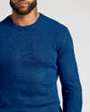 Heather Fiord Marled Crew Neck Sweater, rich blue knit, partial beard visible.