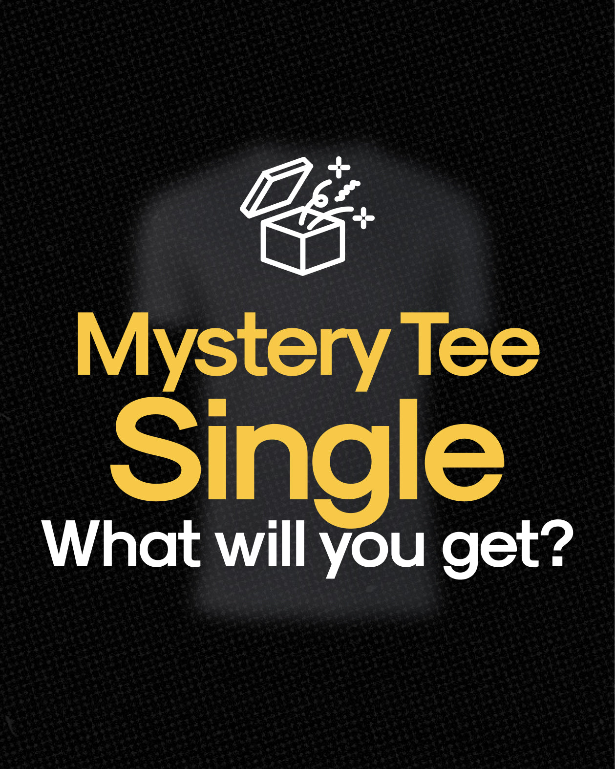 Mystery Tee Single promotion with T-shirt silhouette and surprise box.