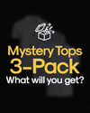 Mystery Tops 3-Pack promotional graphic with t-shirt silhouette and open box icon.