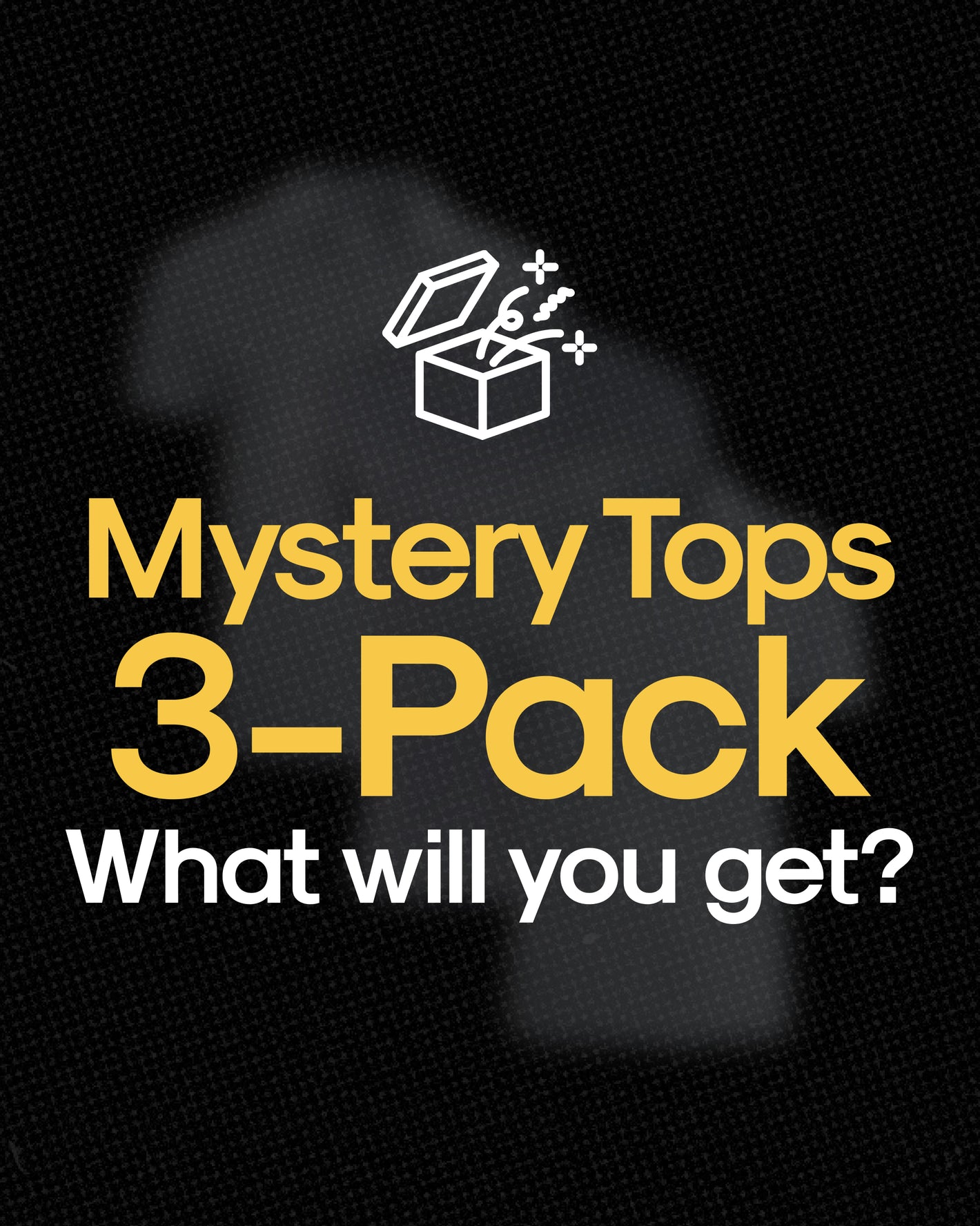 Mystery Tops 3-Pack promotional graphic with t-shirt silhouette and open box icon.
