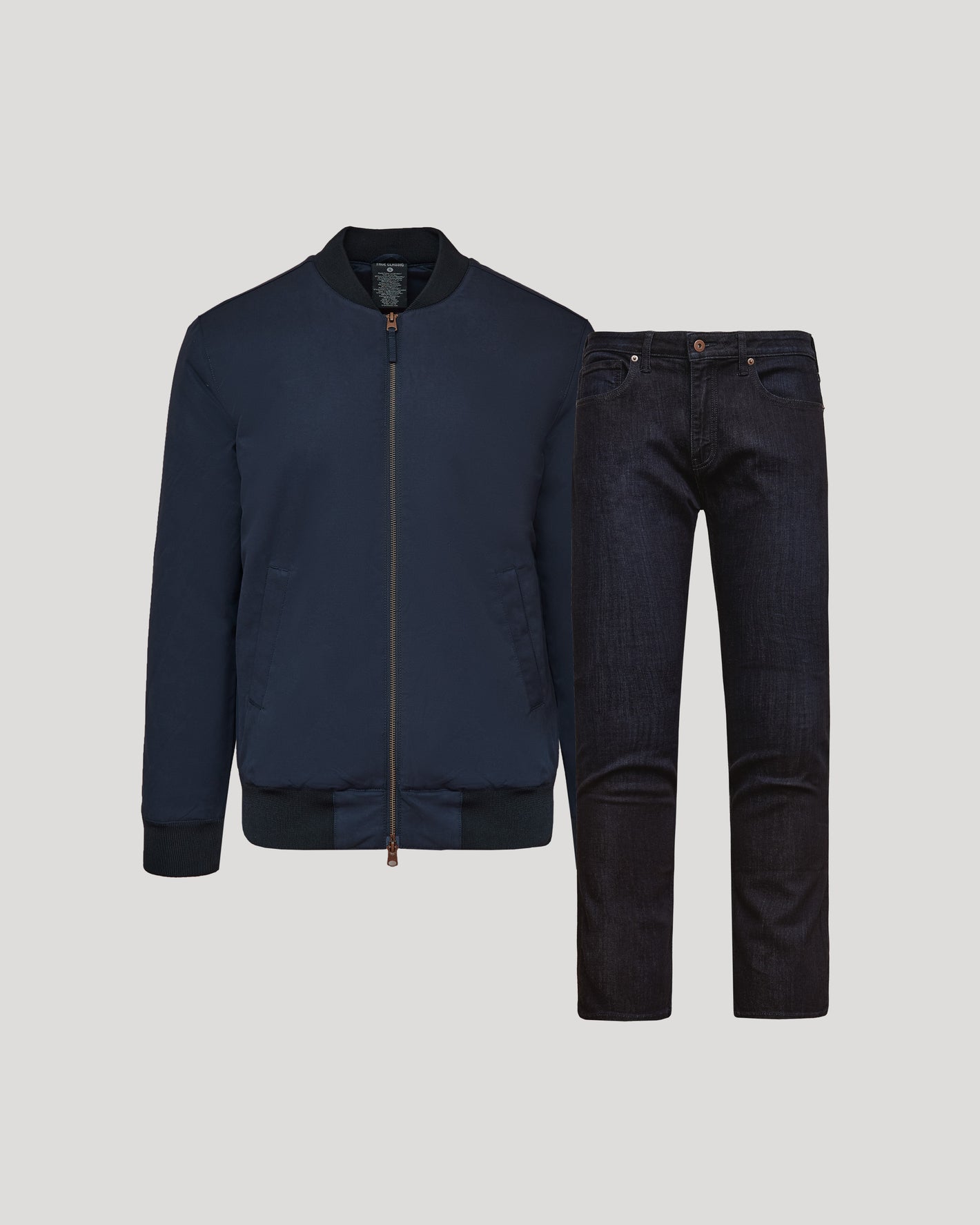 Navy Bomber Jacket & Comfort Stretch Jeans 2-Pack on gray backdrop.