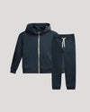 Boys' Navy Full Zip Fleece Hoodie & Jogger laid flat.