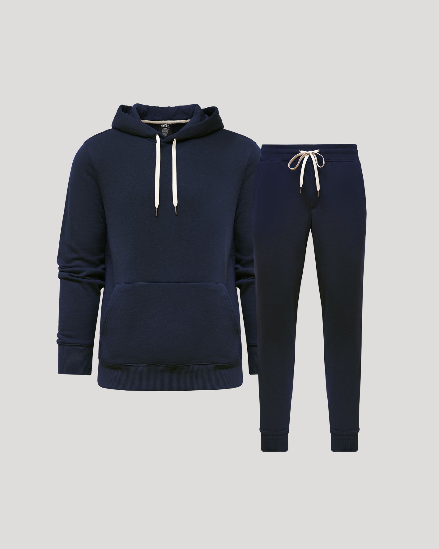 Navy Pullover Fleece Hoodie & Jogger 2-Pack, laid out on light-gray background.