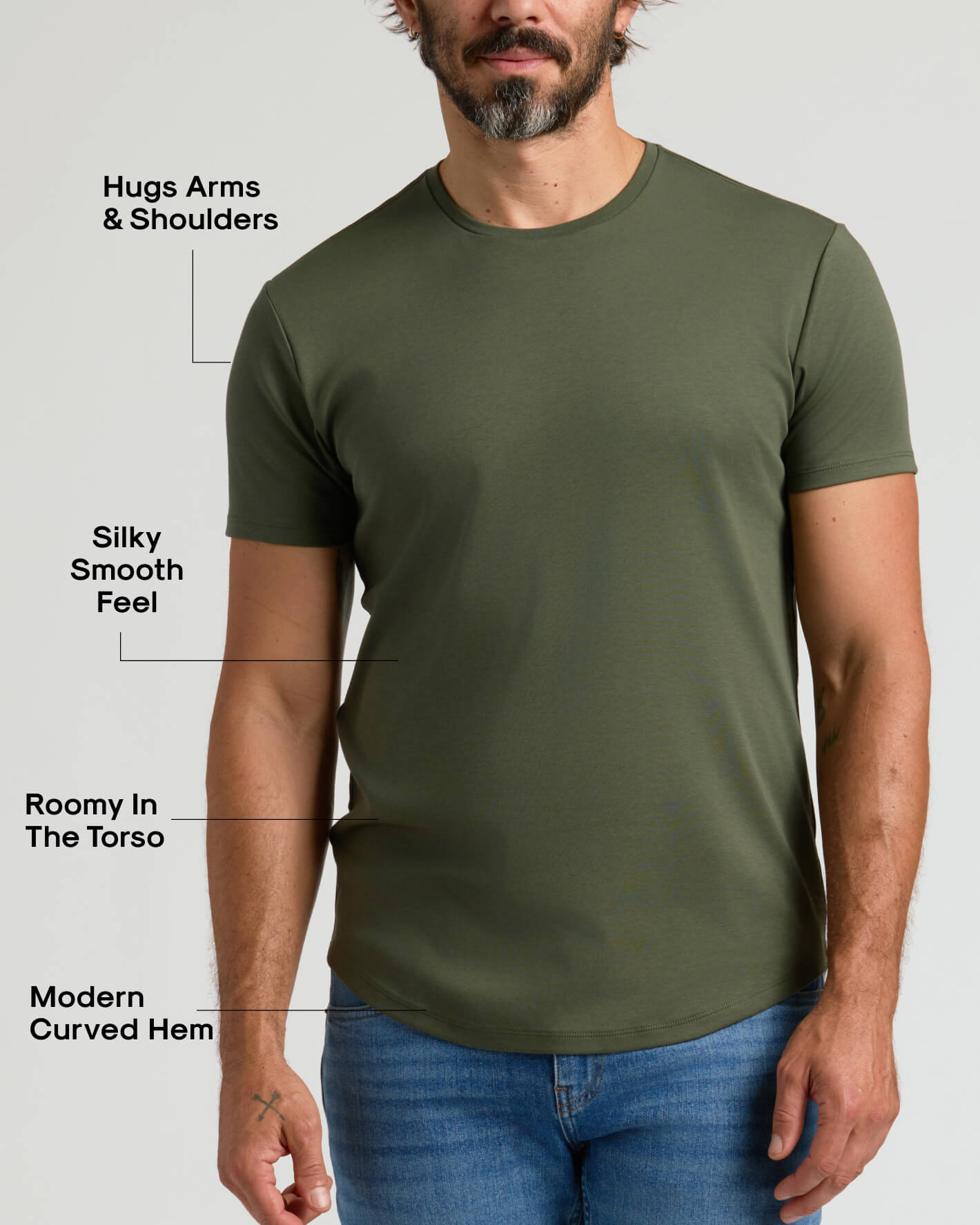 Man wearing olive green Pima Cotton Blend Curved Hem Crew 2-Pack t-shirt, highlighting fitted sleeves, smooth fabric, relaxed torso fit, and modern curved hem design.