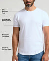 Man wearing a White Pima Cotton Blend Curved Hem Crew shirt featuring a silky smooth feel, snug fit on arms and shoulders, roomy torso, and modern curved hem design.