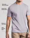 A man wearing a light lavender-gray short-sleeve crewneck t-shirt, with text callouts highlighting features like durability, arm fit, roominess in the torso, and smooth feel.
