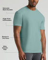 A man wearing a light teal short-sleeve crewneck t-shirt, with text callouts on the left highlighting features like durability, arm fit, roominess in the torso, and a silky smooth feel.