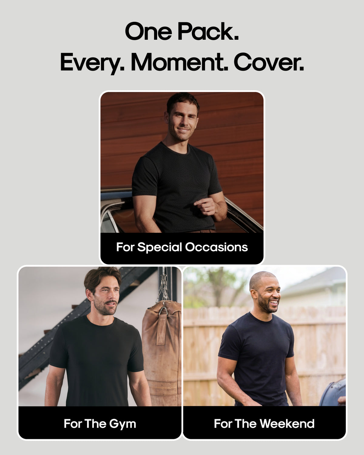Promotional graphic for a men's black short-sleeve t-shirt pack, showing three male models wearing the shirt in different settings with labels: 'For Special Occasions,' 'For The Gym,' and 'For The Weekend.' Large text at the top reads 'One Pack.