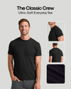 A man wearing a black short-sleeve crew-neck t-shirt, shown with three inset views of the shirt (side, back, and fabric close-up) and the text 'The Classic Crew Ultra-Soft Everyday Tee' on a light gray background.